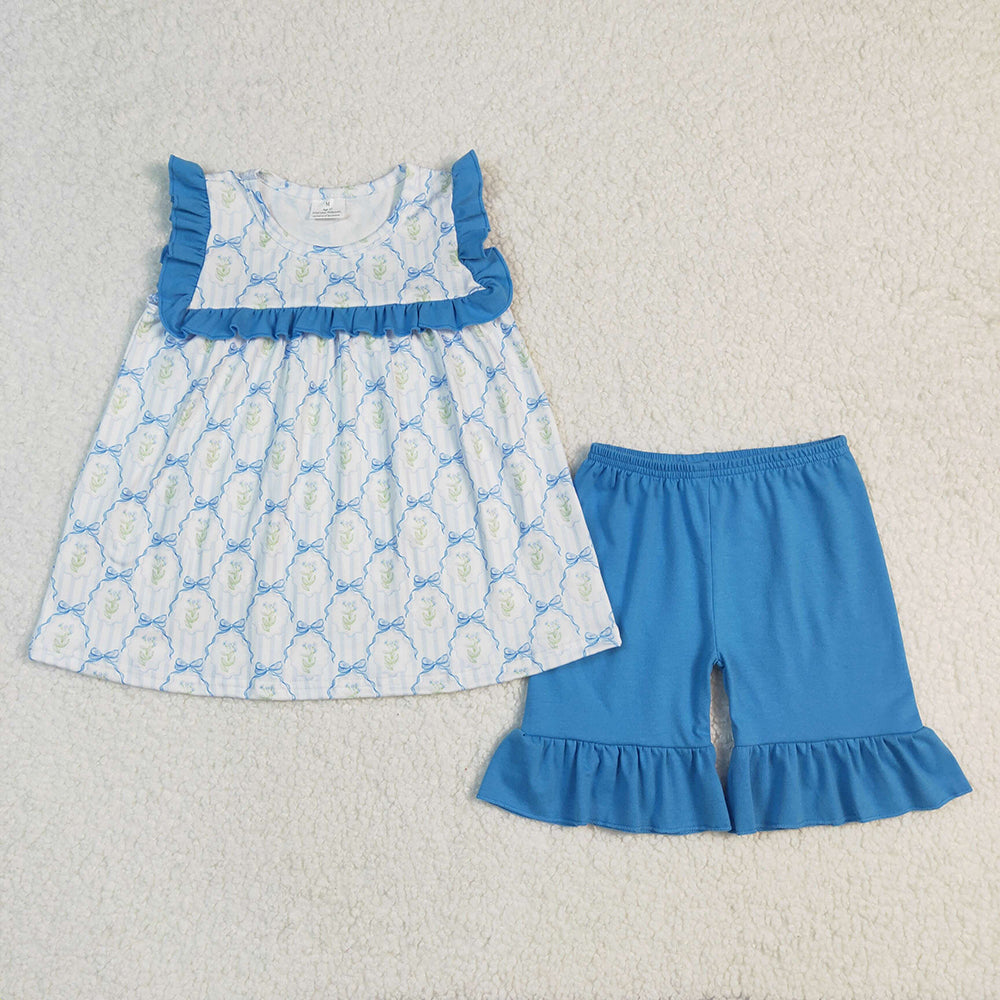 GSSO2004 Baby girls blue flowers tunic ruffle shorts outfits