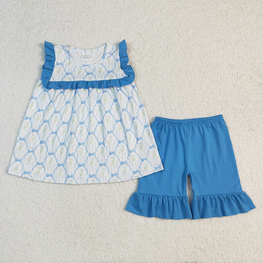 GSSO2004 Baby girls blue flowers tunic ruffle shorts outfits