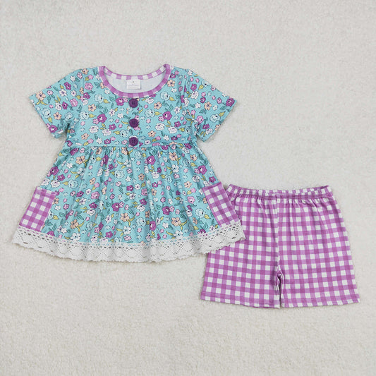 GSSO2011 baby Girls blue flowers tunic shorts summer outfits sets