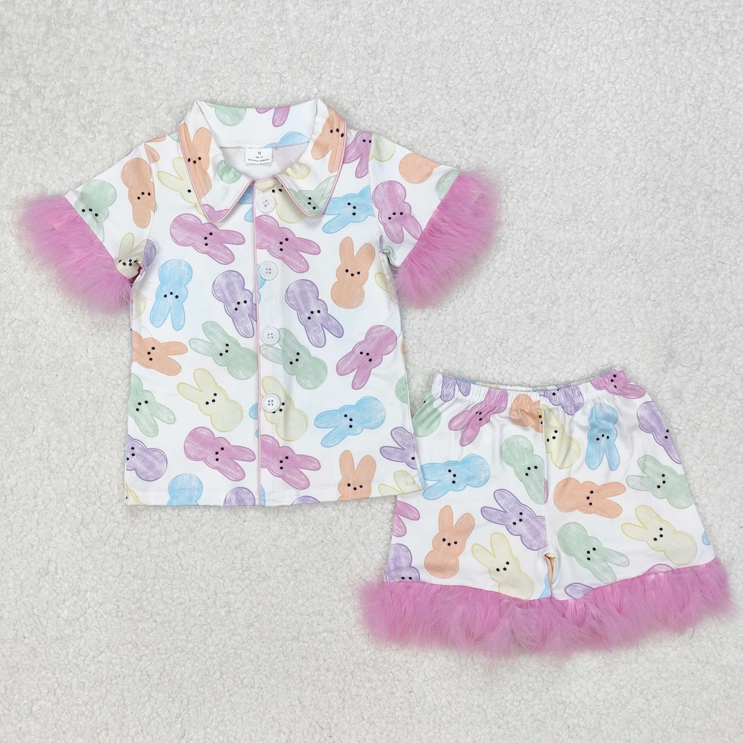 Sibling Baby Girls Easter Rabbits Bows Fur Shirts Shorts Pajamas