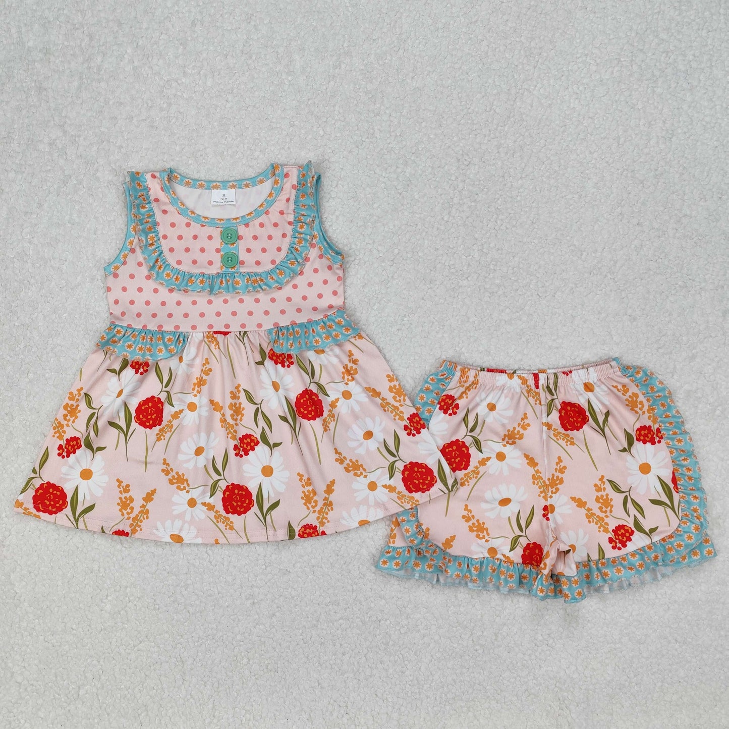 Sibling Baby Girls Sleeveless Bows Floral Button Tunic Ruffle Shorts Set