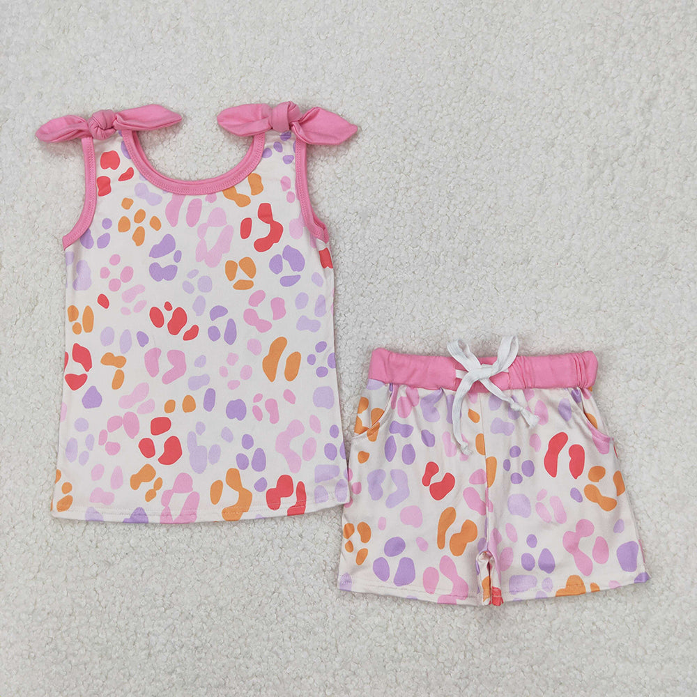 GSSO2081 Baby girls pink leopard bows shirt shorts outfits