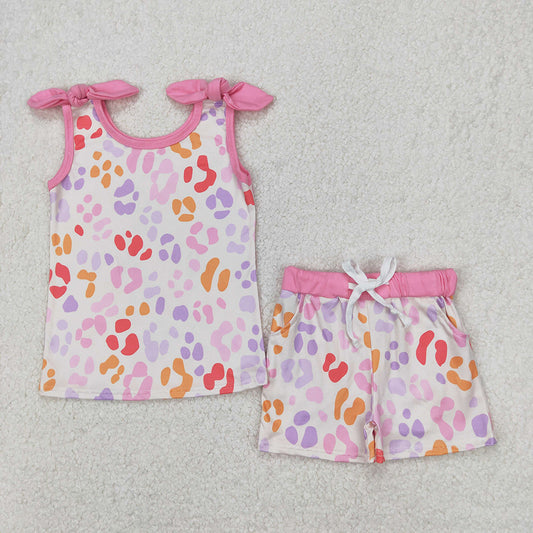 GSSO2081 Baby girls pink leopard bows shirt shorts outfits