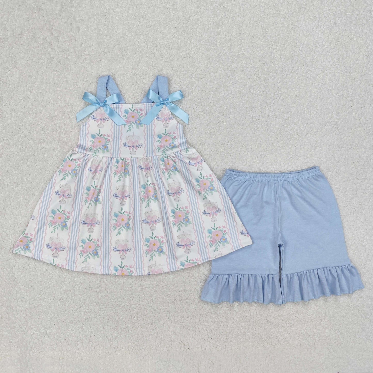 Sibling Baby Girls Straps Floral Tunic Ruffle Shorts Summer Clothes Sets