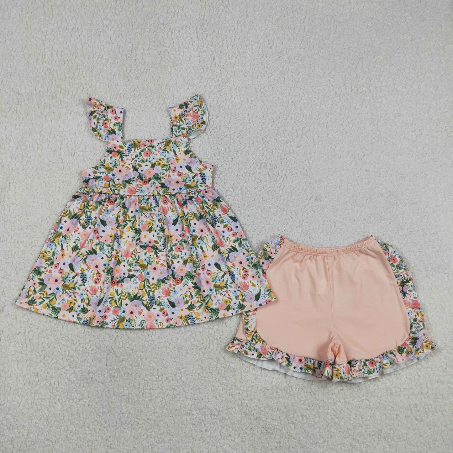 GSSO2180 Baby Girls Flutter Sleeve Colorful Flowers Tunic Ruffle Short Clothes Set