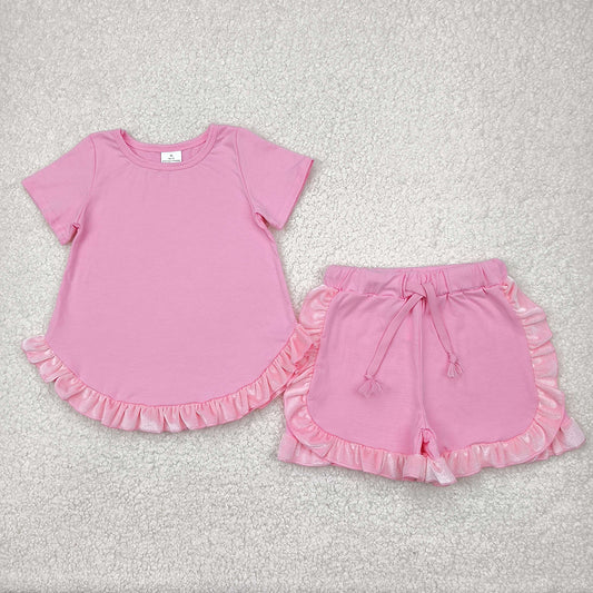 GSSO2181 Pink Tunic Velvet Top Ruffle Shorts Boutique Outfits Sports Sets