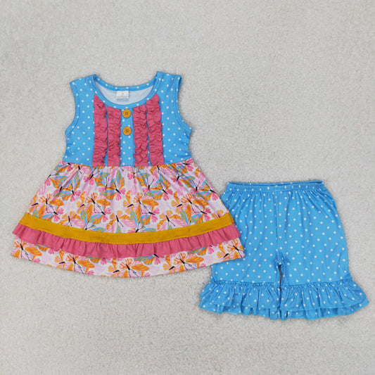 GSSO2199 Baby Girls Flowers Button Ruffle Tunic Shorts Clothes Sets