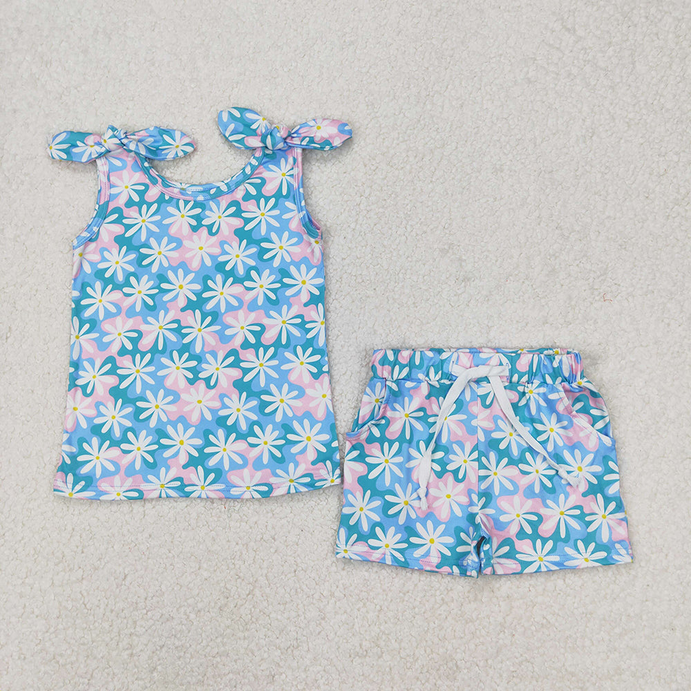 GSSO2262 Baby girls blue flowers bows shirt shorts outfits