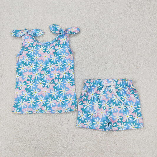 GSSO2262 Baby girls blue flowers bows shirt shorts outfits