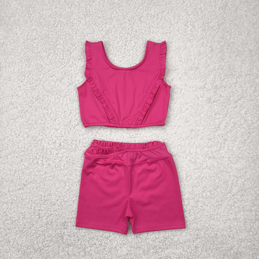 GSSO2284 Rose Red Ruffle Vests Top Shorts Yoga Active Boutique Outfits Sets