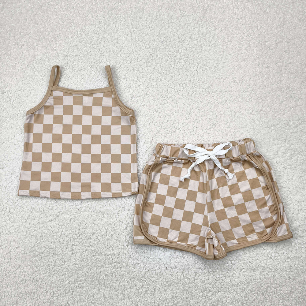 GSSO2335 Khaki Checkered Top Shorts Boutique Outfits Sports Sets