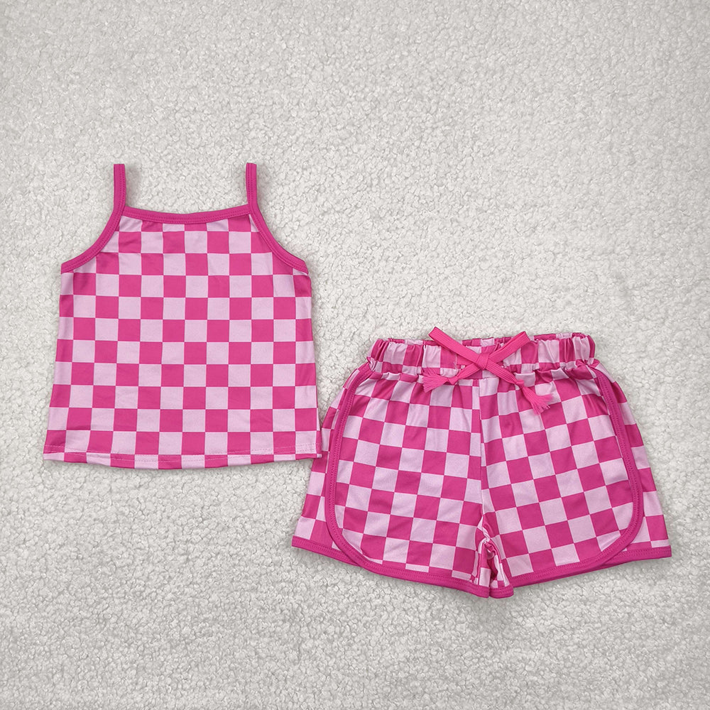 GSSO2336 Hotpink Checkered Top Shorts Boutique Outfits Sports Sets
