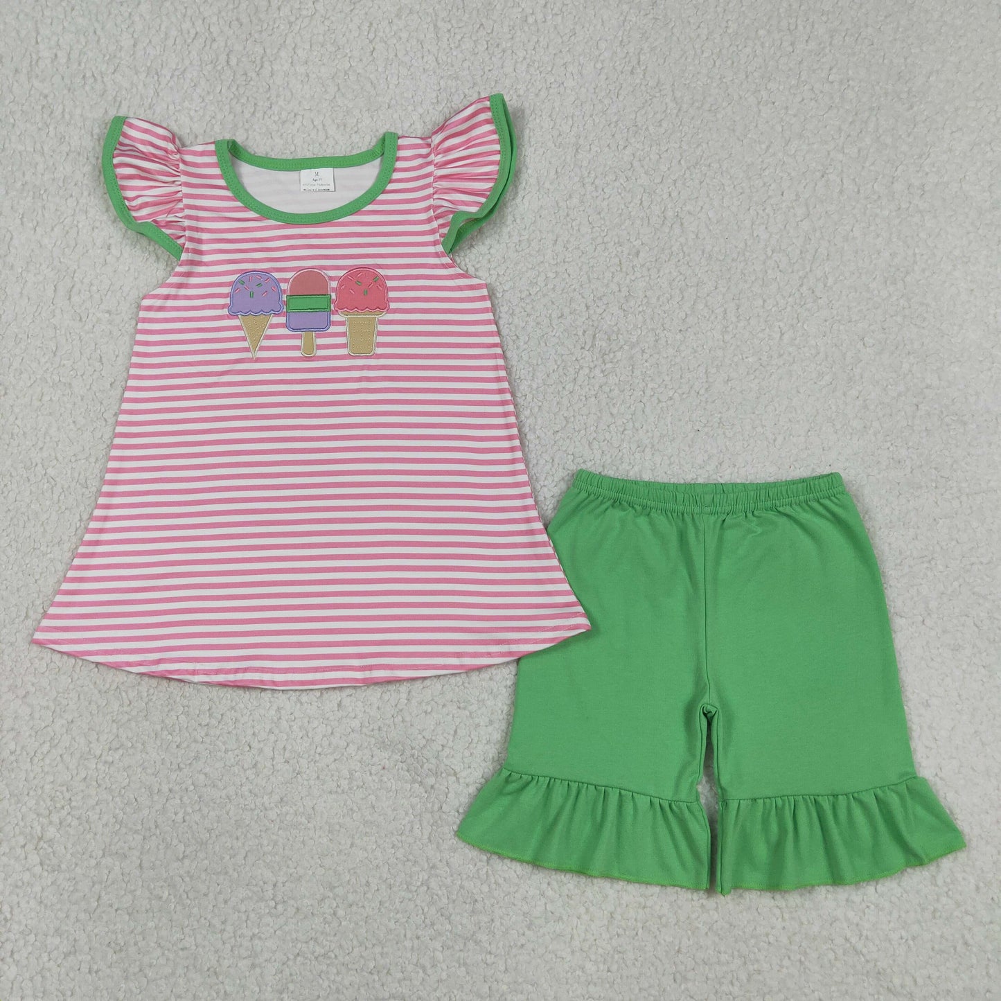 Sibling Baby Girls Flutter Sleeve Embroidery Ice Creams Tunic Ruffle Shorts Clothes Sets