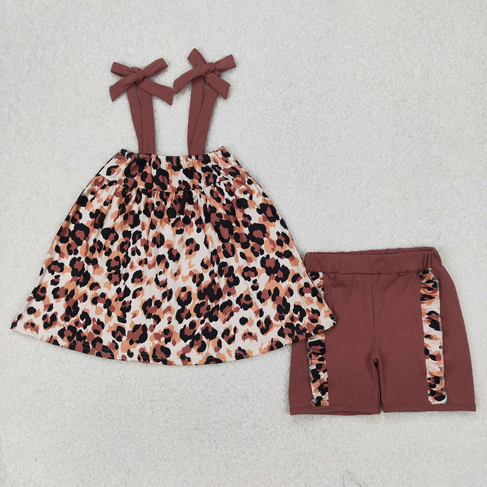 Sibling Baby Girls Brown Bows Strap Leopard Rompers Outfits