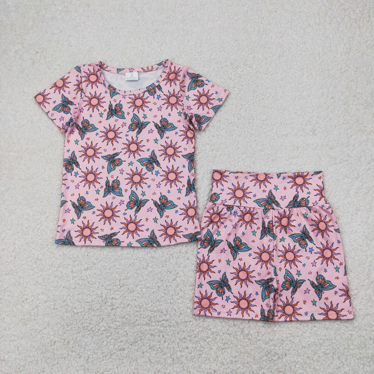 Sibling Baby Girls Short Sleeve Flowers Butterfly Tops Biking Ruffle Shorts Clothes Sets