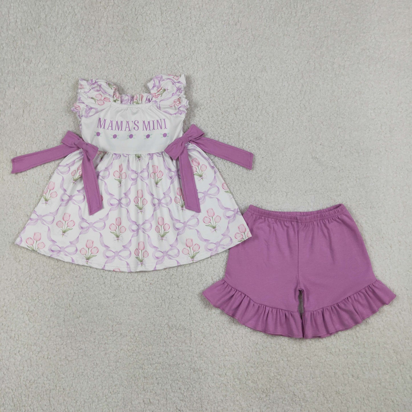GSSO2489 Baby Girls Bows Flowers Checked Mama's Mini Tunic Ruffle Short Clothes Set