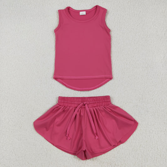 GSSO2500 Baby Girls Hot Pink Sleeveless Vests Top Ruffle Shorts Yoga Active Clothes Sets