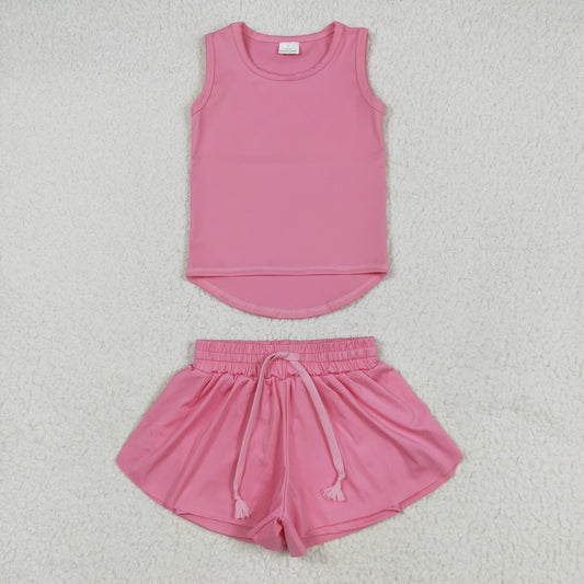 GSSO2501 Baby Girls Pink Sleeveless Vests Top Ruffle Shorts Yoga Active Clothes Sets