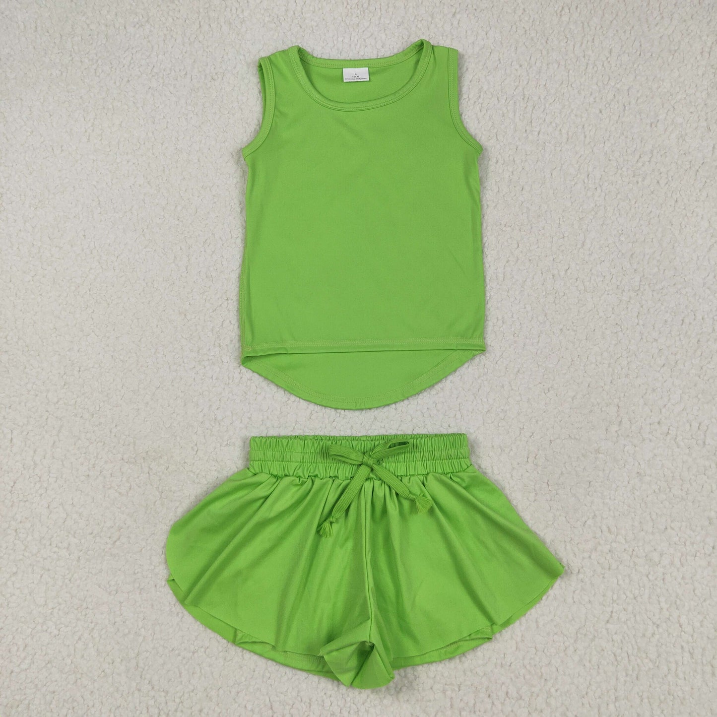 GSSO2503 Baby Girls Green Sleeveless Vests Top Ruffle Shorts Yoga Active Clothes Sets