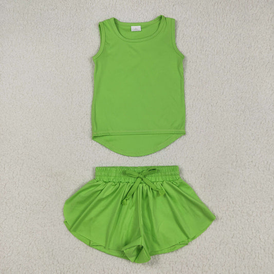 GSSO2503 Baby Girls Green Sleeveless Vests Top Ruffle Shorts Yoga Active Clothes Sets