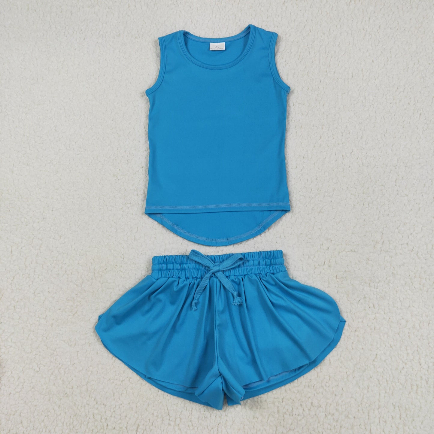 GSSO2504 Baby Girls Blue Sleeveless Vests Top Ruffle Shorts Yoga Active Clothes Sets