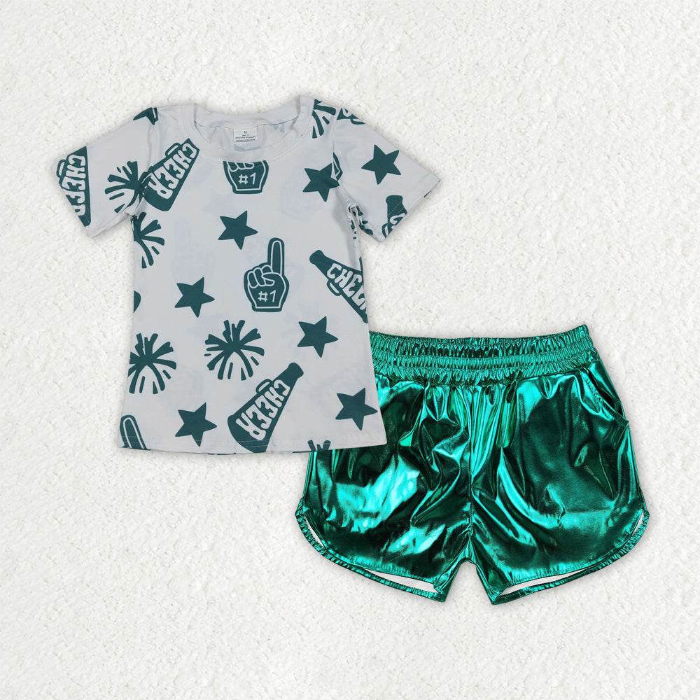 Sibling Baby Girls Cheer Team Shirts Top Leather Shorts Summer Clothes Sets