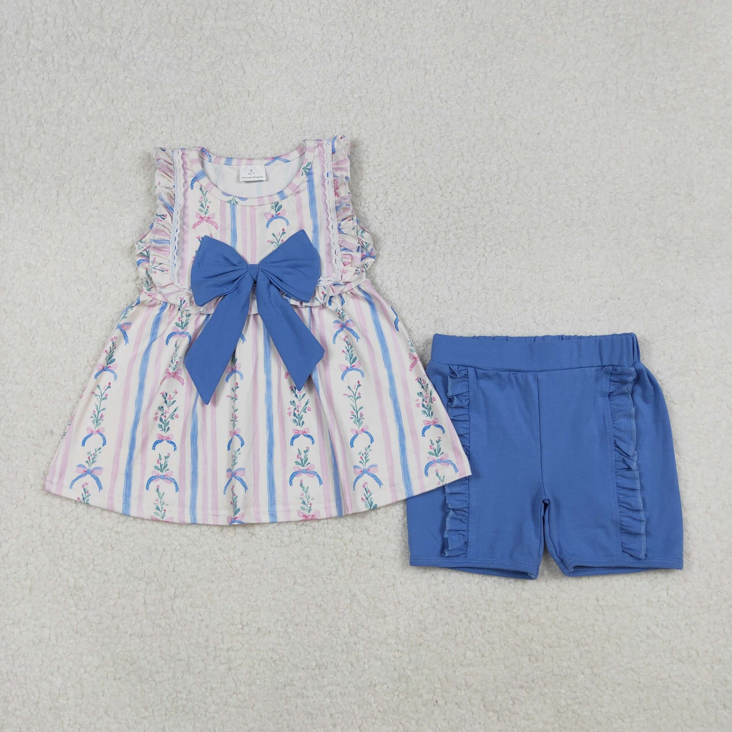 GSSO2533 Baby Girls Pink Bows Flowers Stripe Tunic Ruffle Shorts Clothes Sets
