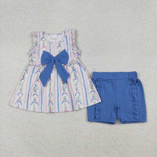 GSSO2533 Baby Girls Pink Bows Flowers Stripe Tunic Ruffle Shorts Clothes Sets