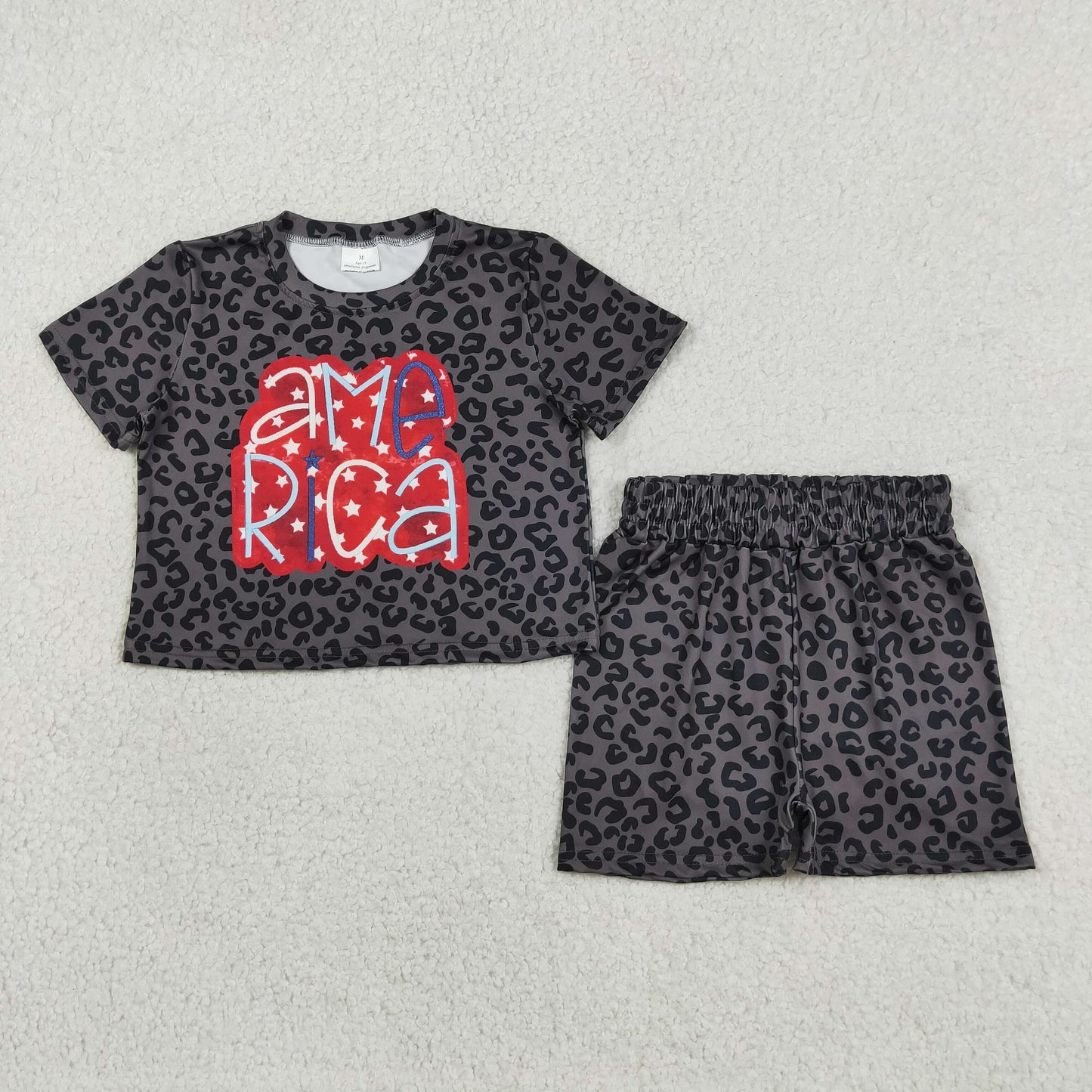 GSSO2576 Baby Girls Black Leopard Stars America Top Short 4th of July Slouchy Set