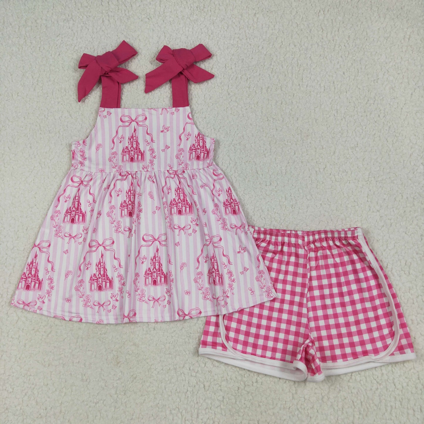 Sibling Castles Bows Checked Clothes Sets Knee Length Dress Rompers