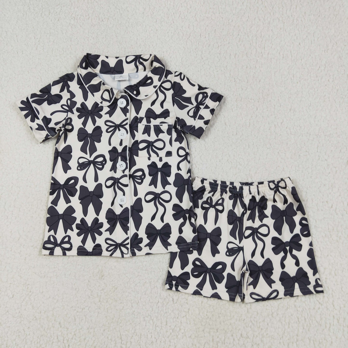 Sibling Mama and Me Black Bows Button Shirts Pajamas Sets Zipper Rompers Jumpsuits