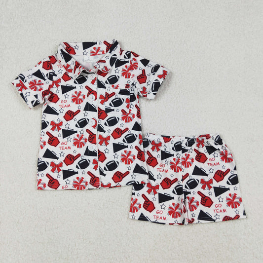 GSSO2674 Baby Girls Red Black Bows Footballs Button Pocket Top Shorts Team Pajamas Sets