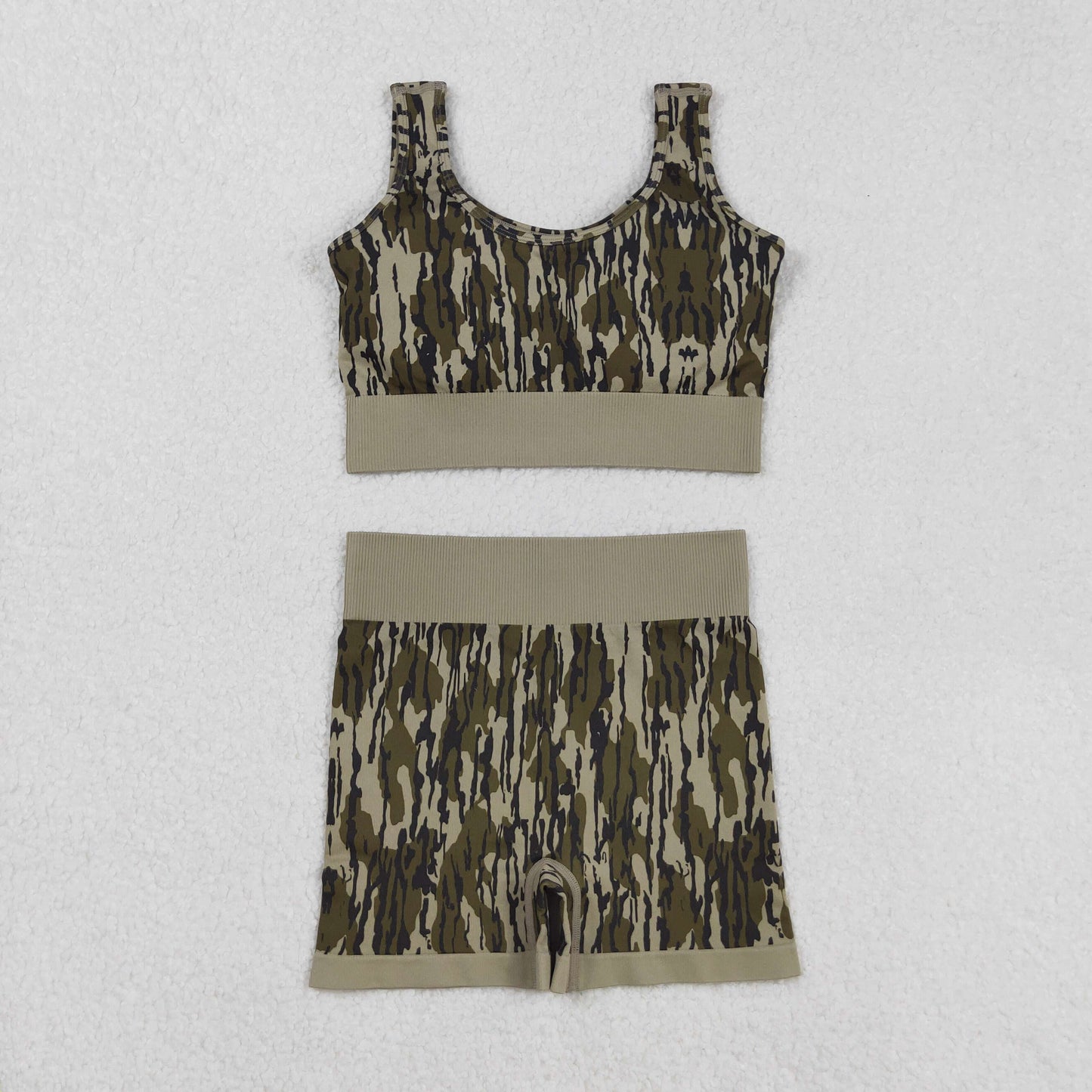 Sibling Adult Women Checkered Camo Crop Bra Top Shorts Yoga Outfits Sets