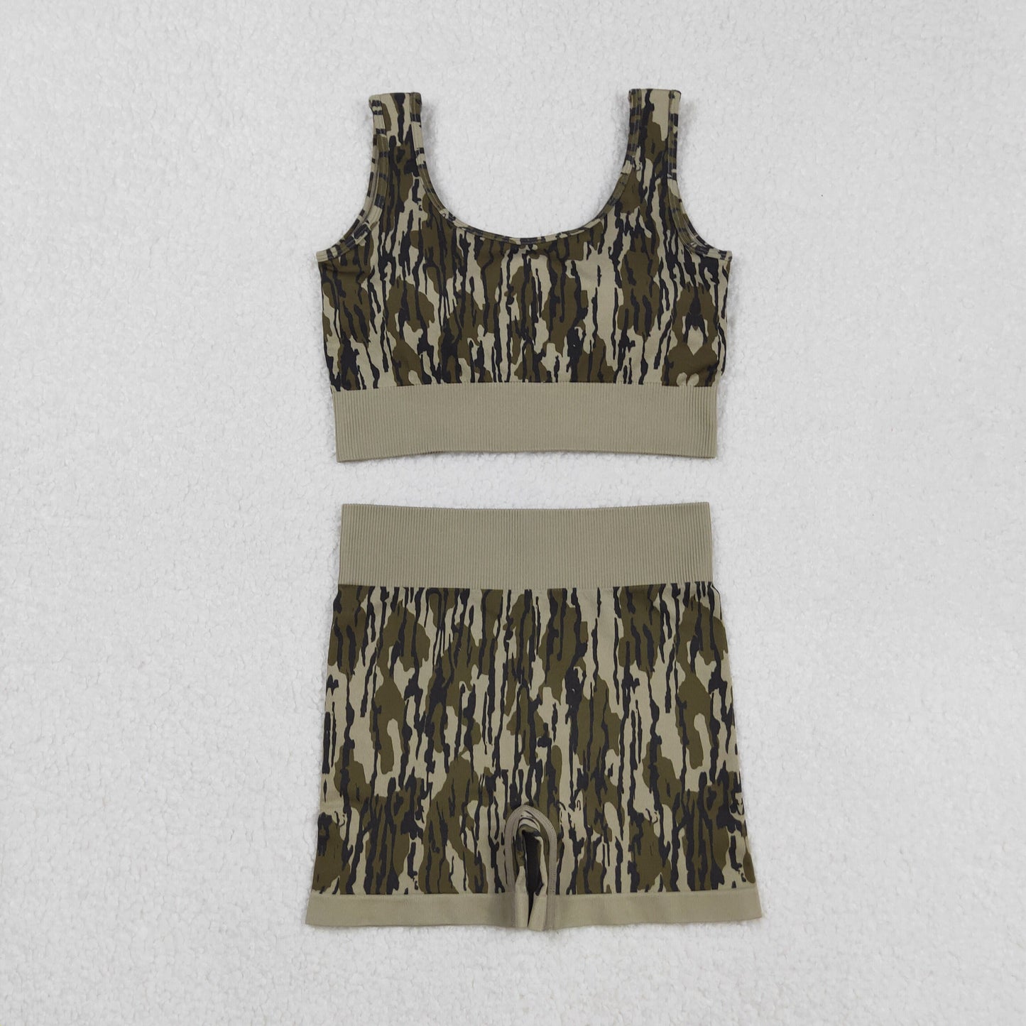Sibling Adult Women Checkered Camo Crop Bra Top Shorts Yoga Outfits Sets