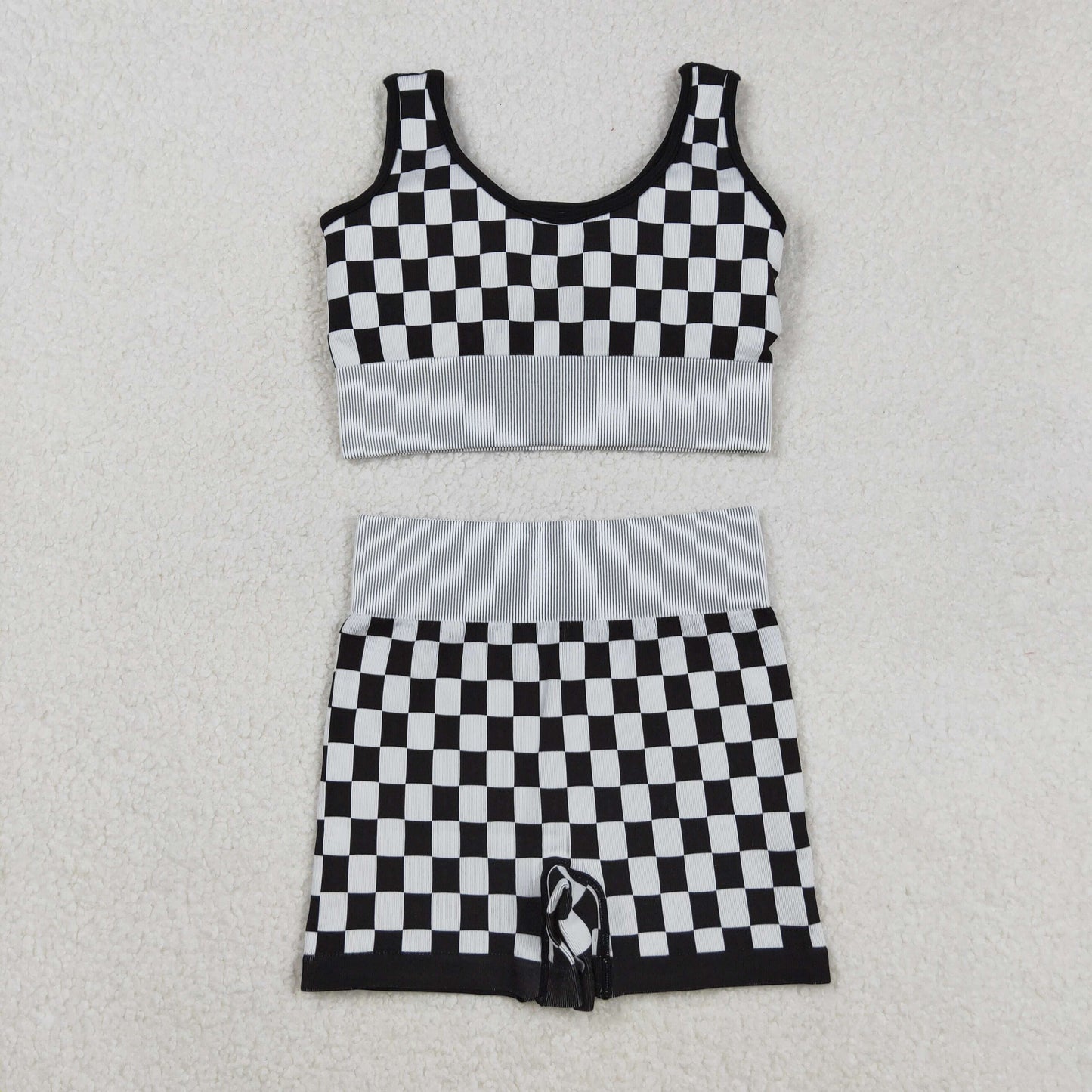 GSSO2703 Adult Women Black Checked Vest Shorts Thick Fabric Clothes Sets
