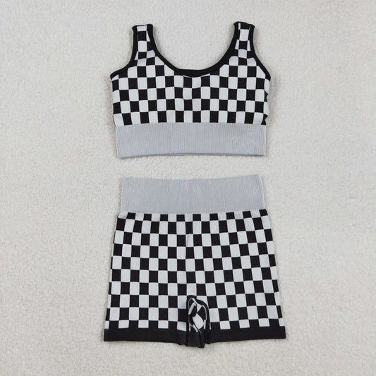 GSSO2703 Adult Women Black Checked Vest Shorts Thick Fabric Clothes Sets