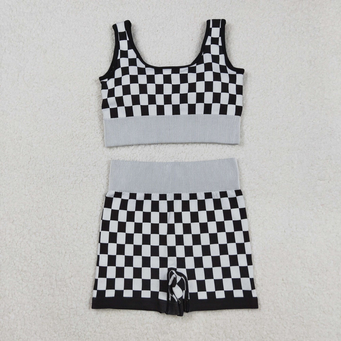 Sibling Adult Women Checkered Camo Crop Bra Top Shorts Yoga Outfits Sets