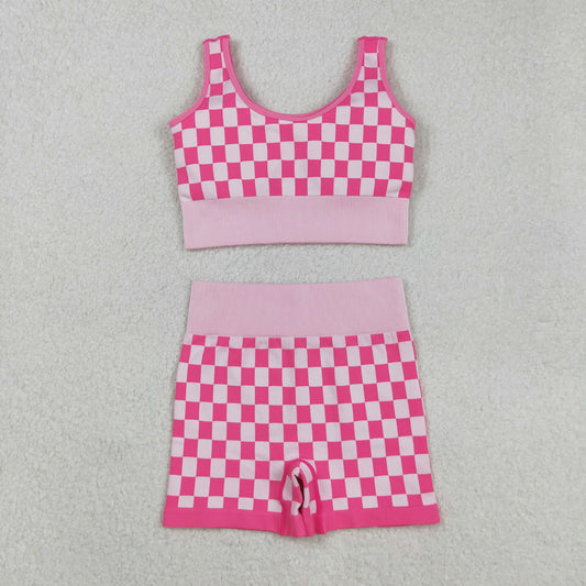 GSSO2704 Adult Women Pink Checked Vest Shorts Thick Fabric Clothes Sets