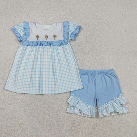 GSSO2718 Baby Girls Embroidery Floral Cross Checked Tunic Ruffle Shorts Easter Clothes Sets