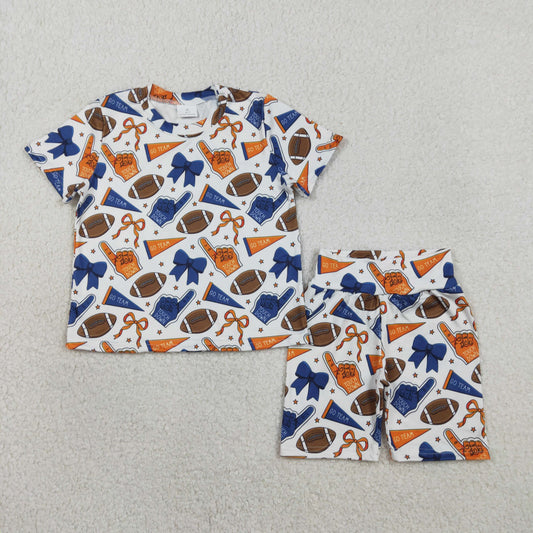 GSSO2722 Baby Girls Navy Orange Bows Footballs Top Short Go Team Pajamas Clothes Sets