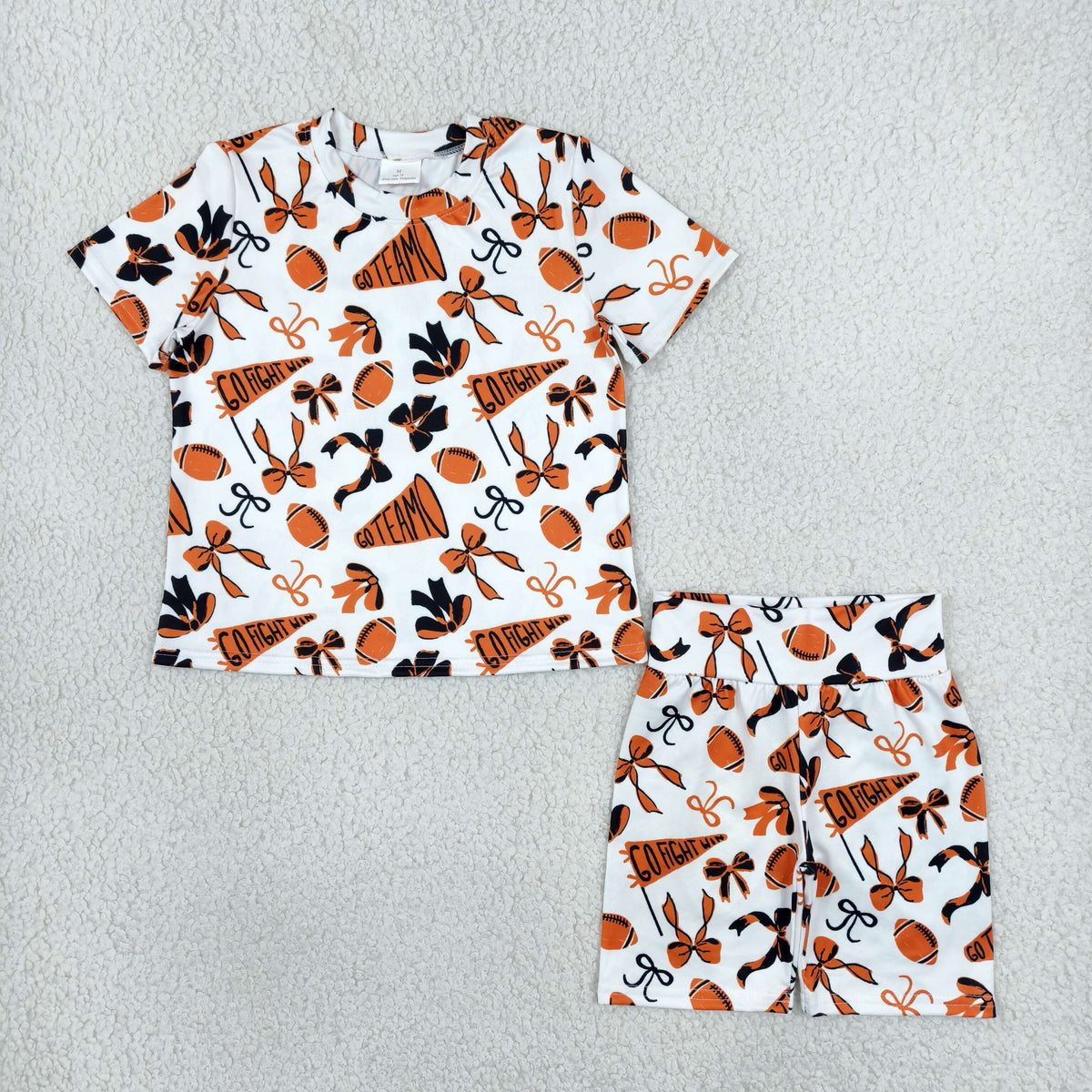 GSSO2724 Baby Girls Short Sleeve Orange Black Top Pockets Short Team Clothes Set
