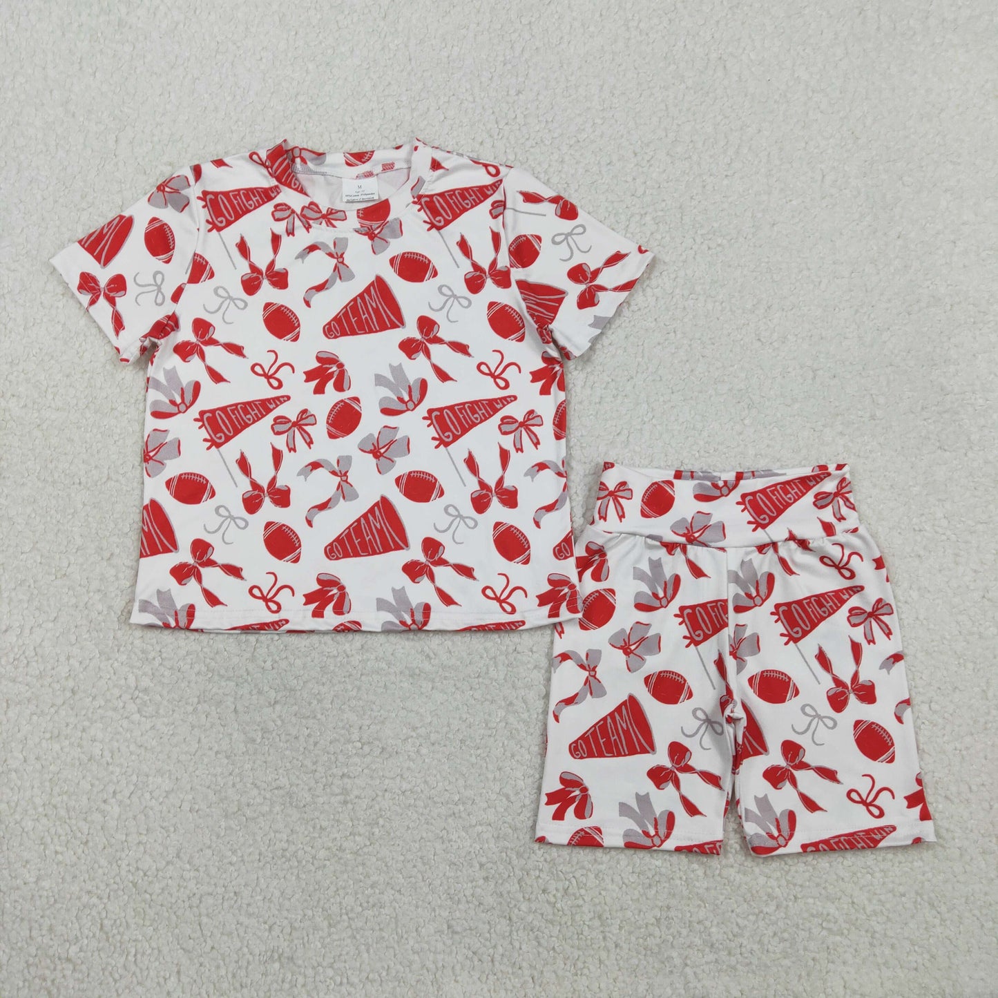 GSSO2727 Baby Girls Red Grey Bows Footballs Top Short Go Team Pajamas Clothes Sets