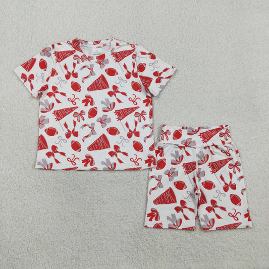 GSSO2727 Baby Girls Red Grey Bows Footballs Top Short Go Team Pajamas Clothes Sets