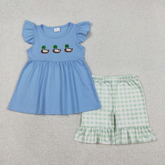 GSSO2728 Baby Girls Embroidery Ducks Tunic Checked Ruffle Shorts Hunting Clothes Sets