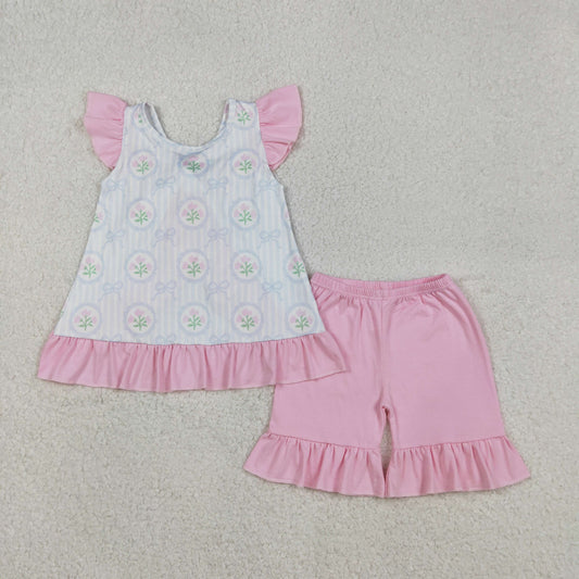 GSSO2732 Baby Girls Pink Flowers Stripe Back Bows Tunic Ruffle Shorts Clothes Sets
