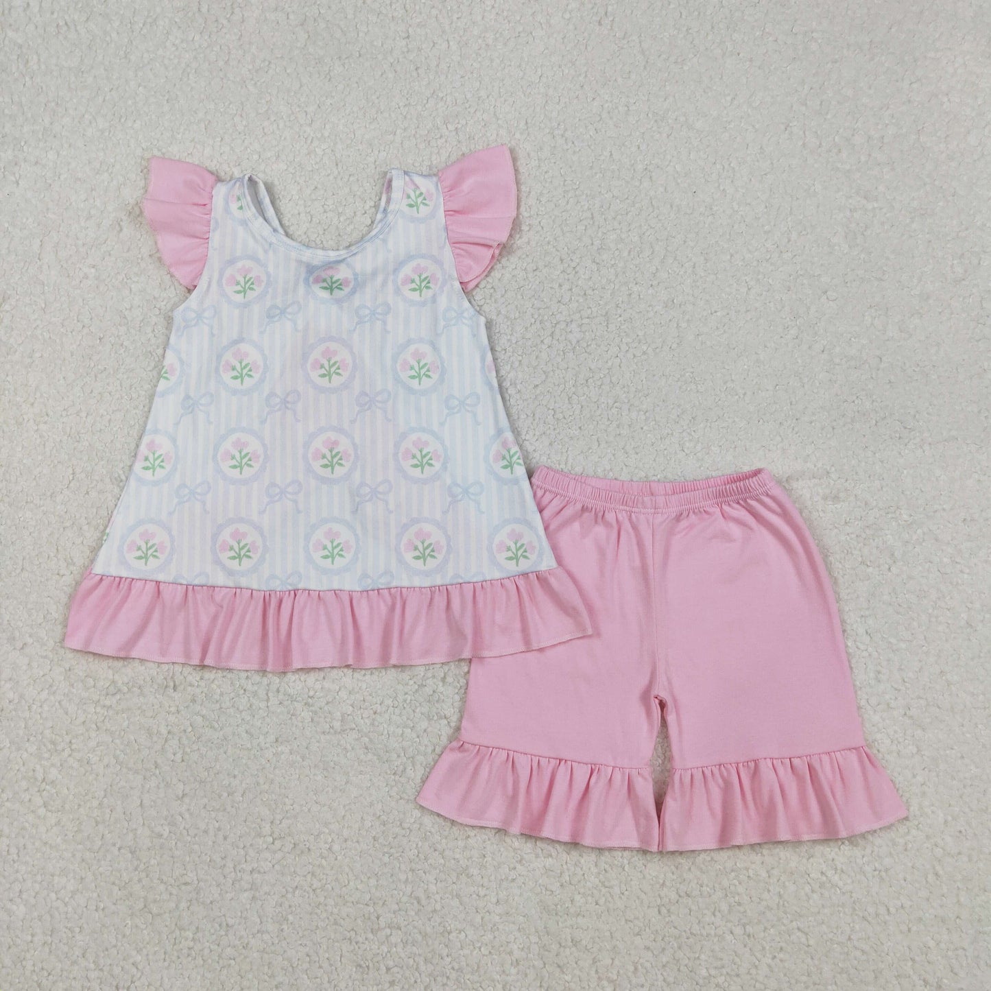 Sibling Baby Girls Flowers Checked Flutter Sleeve Back Bows Tunic Ruffle Shorts Clothes Sets