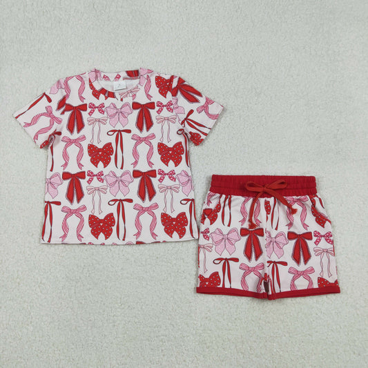 GSSO2737 Baby Girls Red Heart Bows Plaid Top Pockets Shorts Valentines Clothes Sets