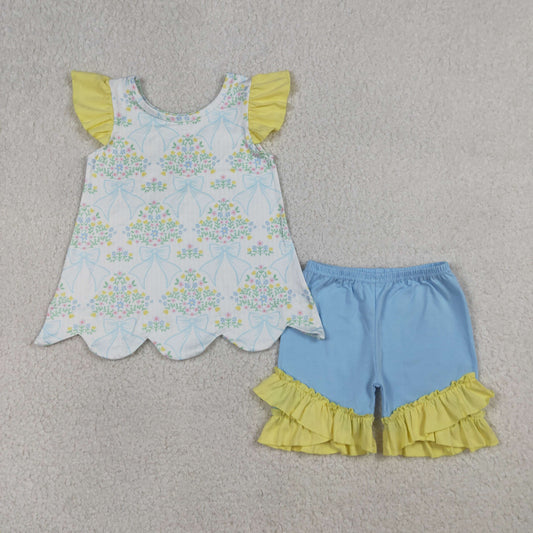 GSSO2767 Baby Girls Flowers Bows Scallop Tunic Ruffle Short Clothes Set