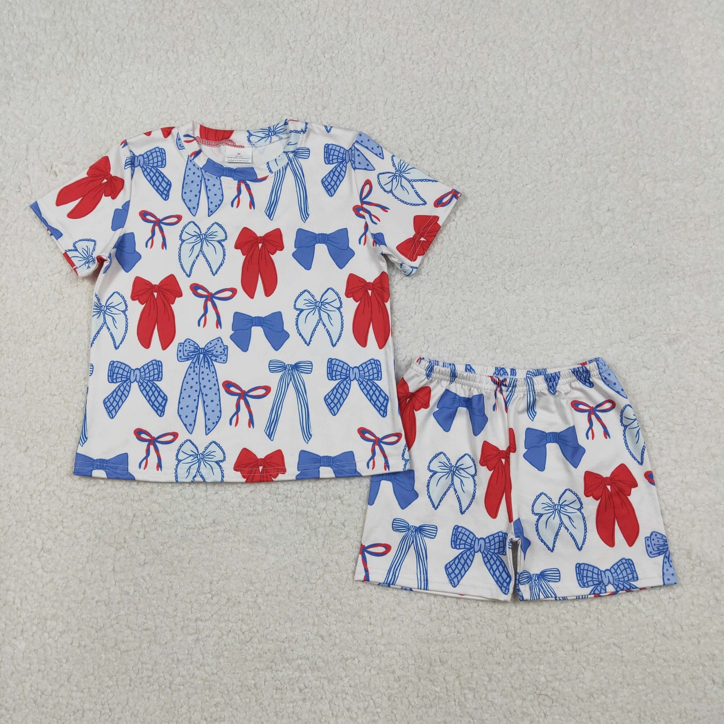 Sibling Baby Girls Blue Red Bows Top Pockets Shorts 4th of July Clothes Pajamas Sets
