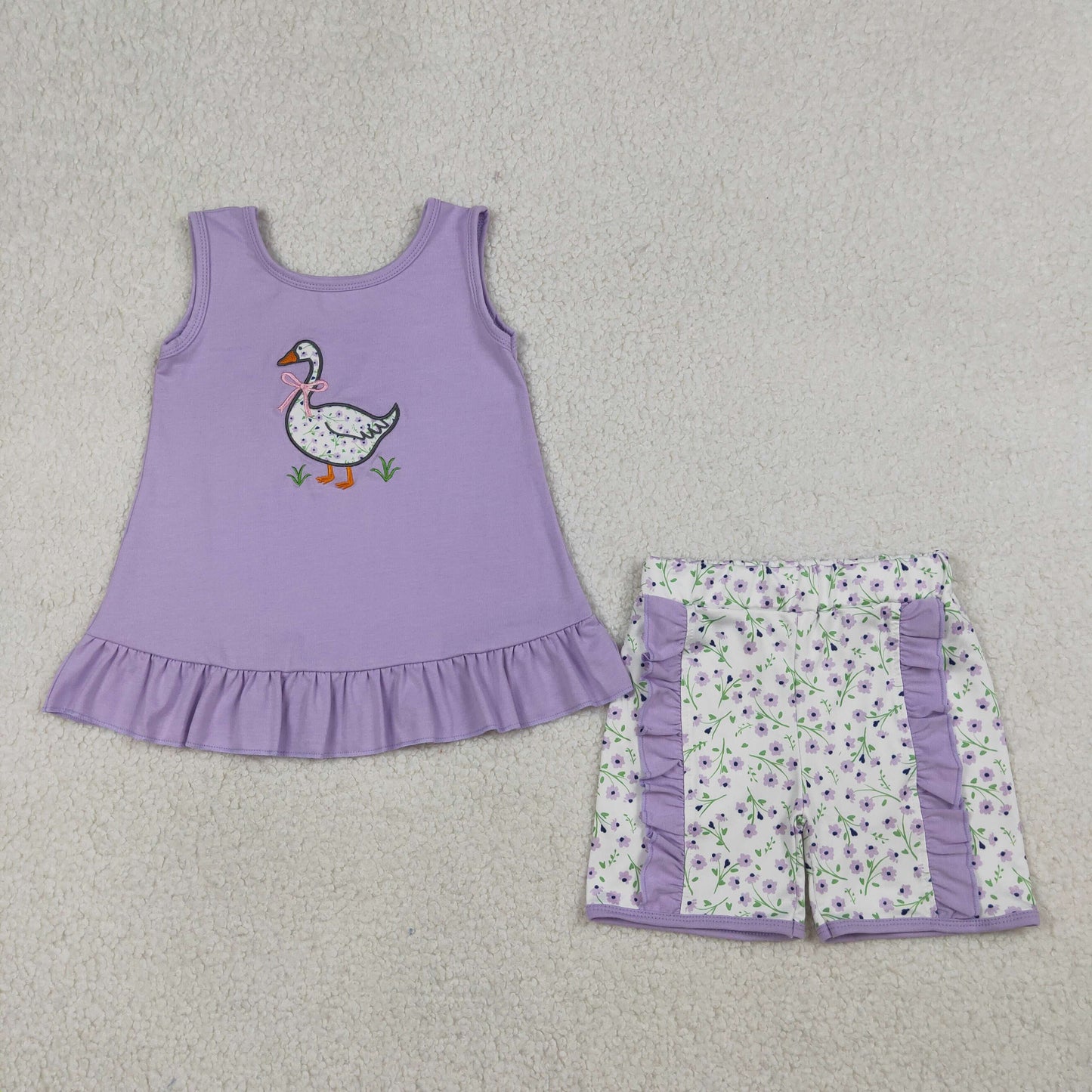 GSSO2774 Baby Girls Embroidery Bow Gooses Tunic Ruffle Short Clothes Set
